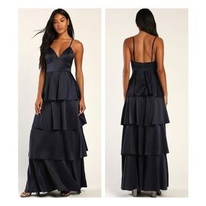 ⚫️ LULUS Going with Elegance Navy Blue Satin Tiered Maxi Dress SMALL